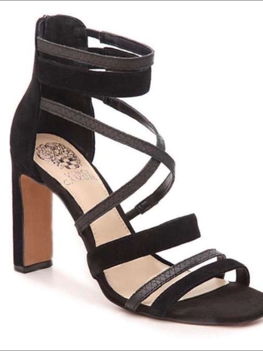 NEW Vince Camuto Leather Strappy Rectangle Heels Sz 7.5 38 Black Set Cocktail